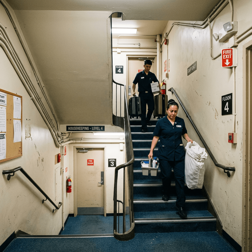 Two housekeeping staff walking down stairwell with cleaning supplies and suitcases