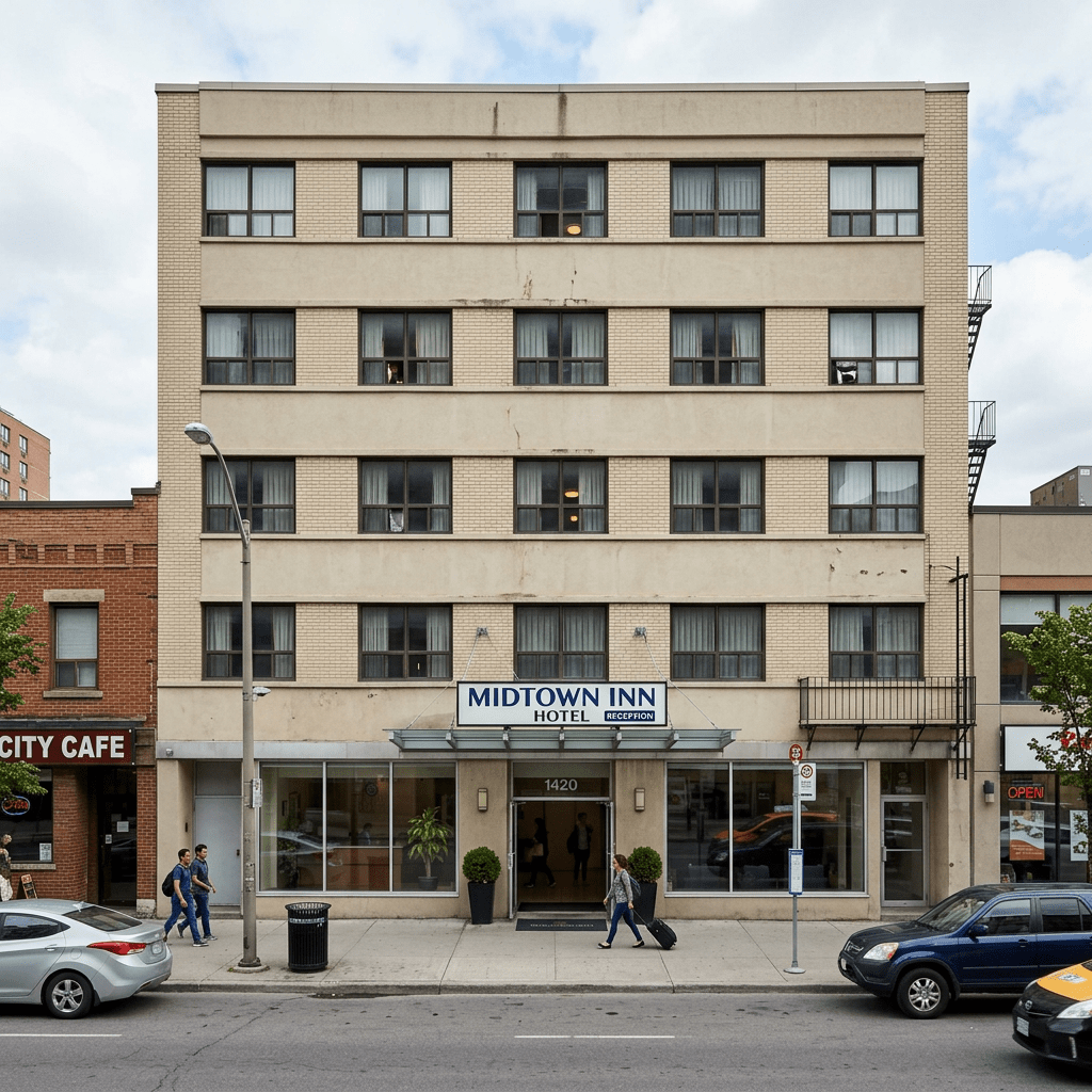Midtown Inn Hotel building entrance with pedestrians and vehicles on the street