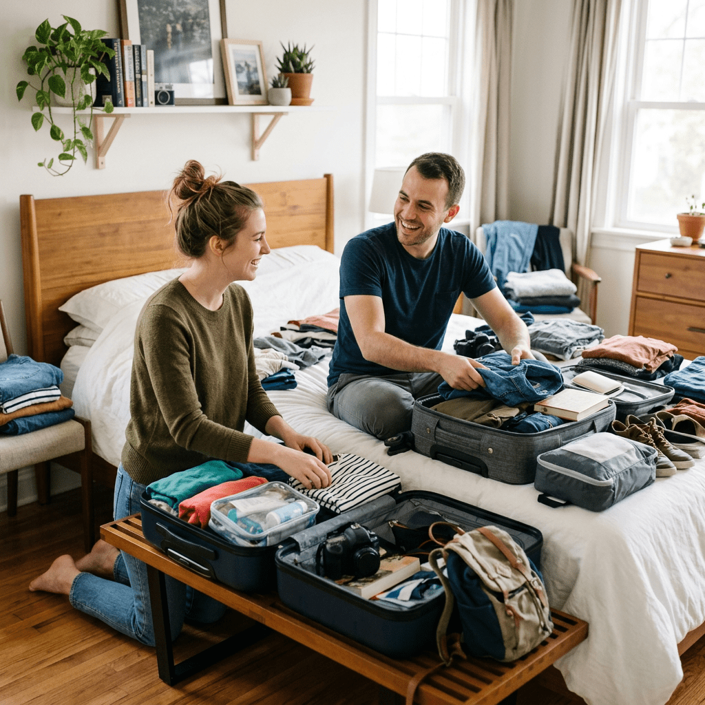 Couple packing clothes and items into suitcases on a bed and bench
