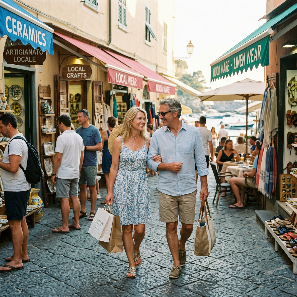Smiling couple walking arm in arm with shopping bags through a busy market street