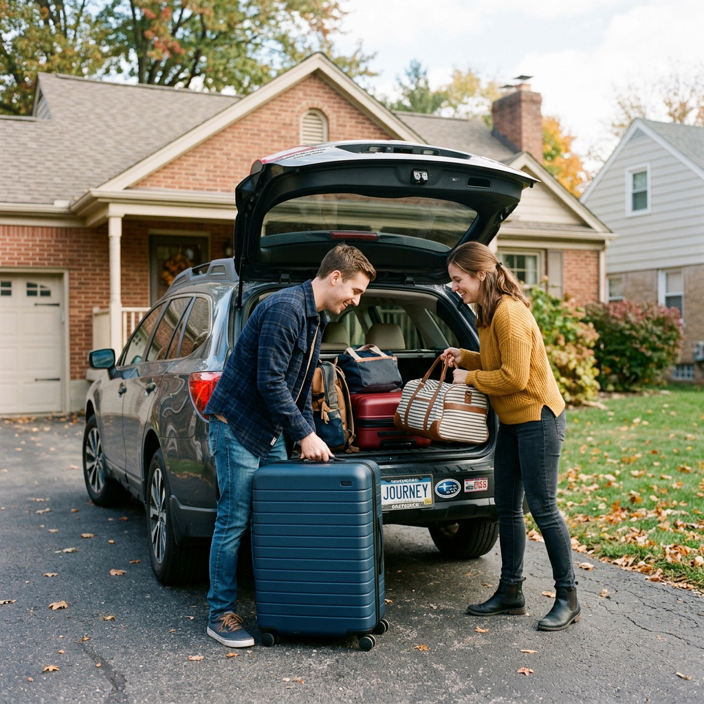 A man and woman loading suitcases into the open trunk of an SUV in a suburban driveway