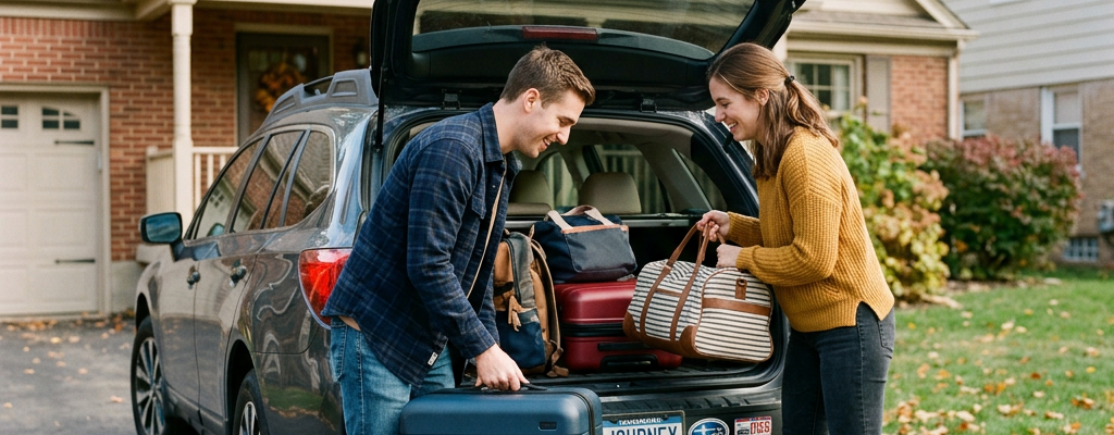 A man and woman loading suitcases into the open trunk of an SUV in a suburban driveway