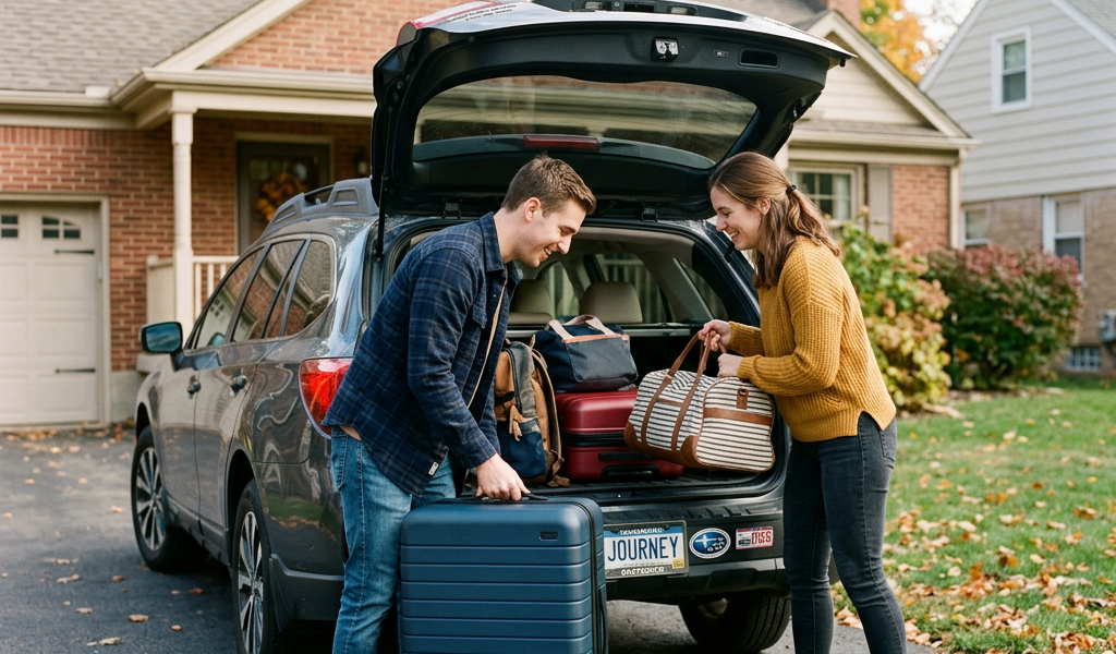 A man and woman loading suitcases into the open trunk of an SUV in a suburban driveway