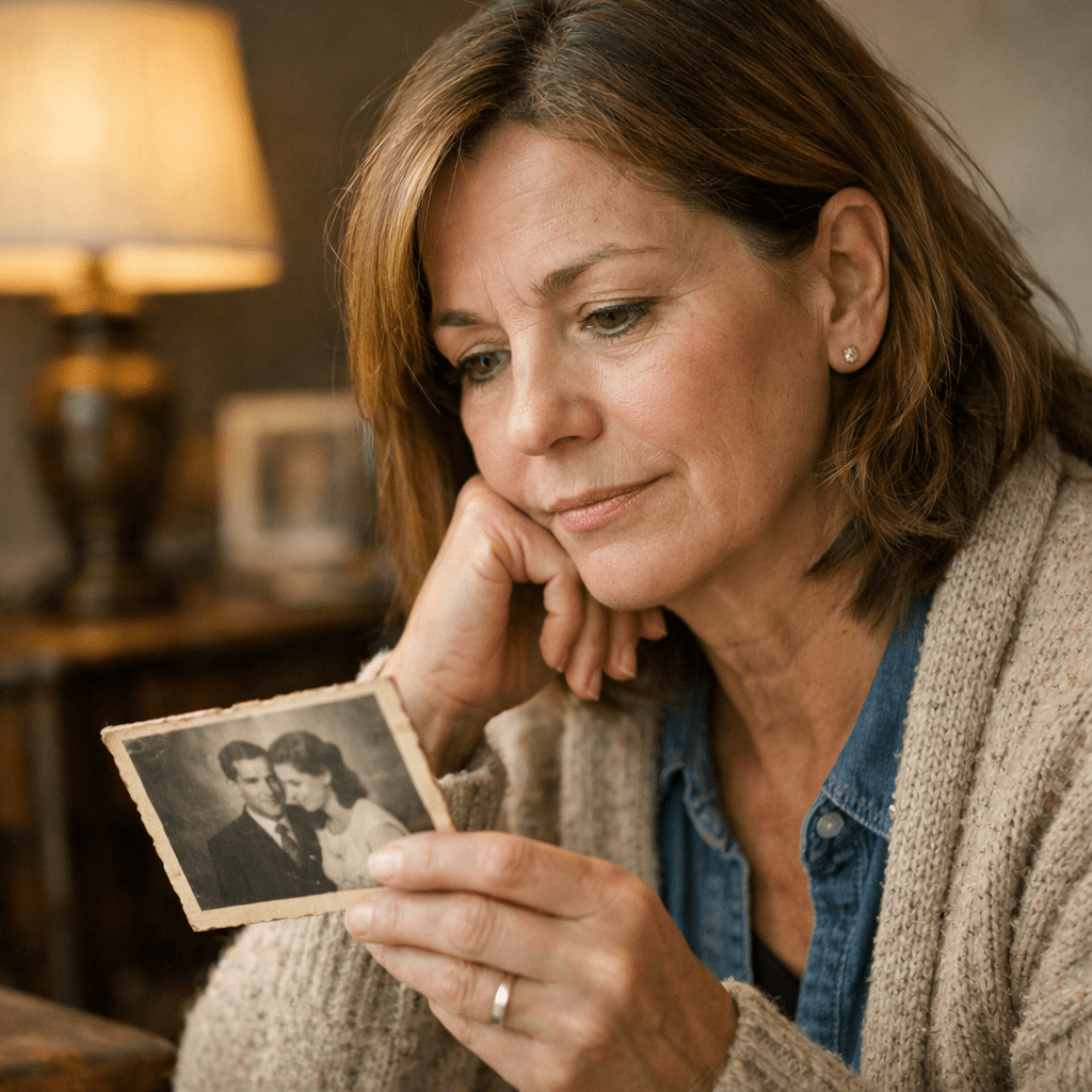 Woman holding and looking at an old black-and-white photograph