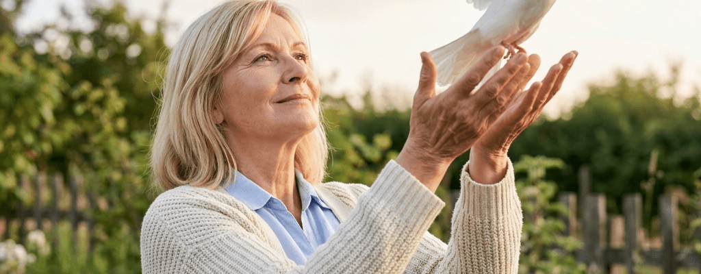 Woman releasing a white dove with open wings in a garden
