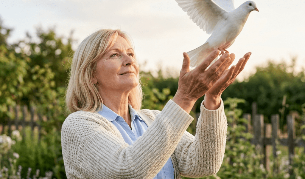 Woman releasing a white dove with open wings in a garden