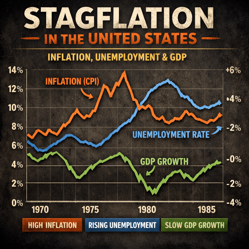 Line graph of US inflation, unemployment rate, and GDP growth from 1970 to 1985