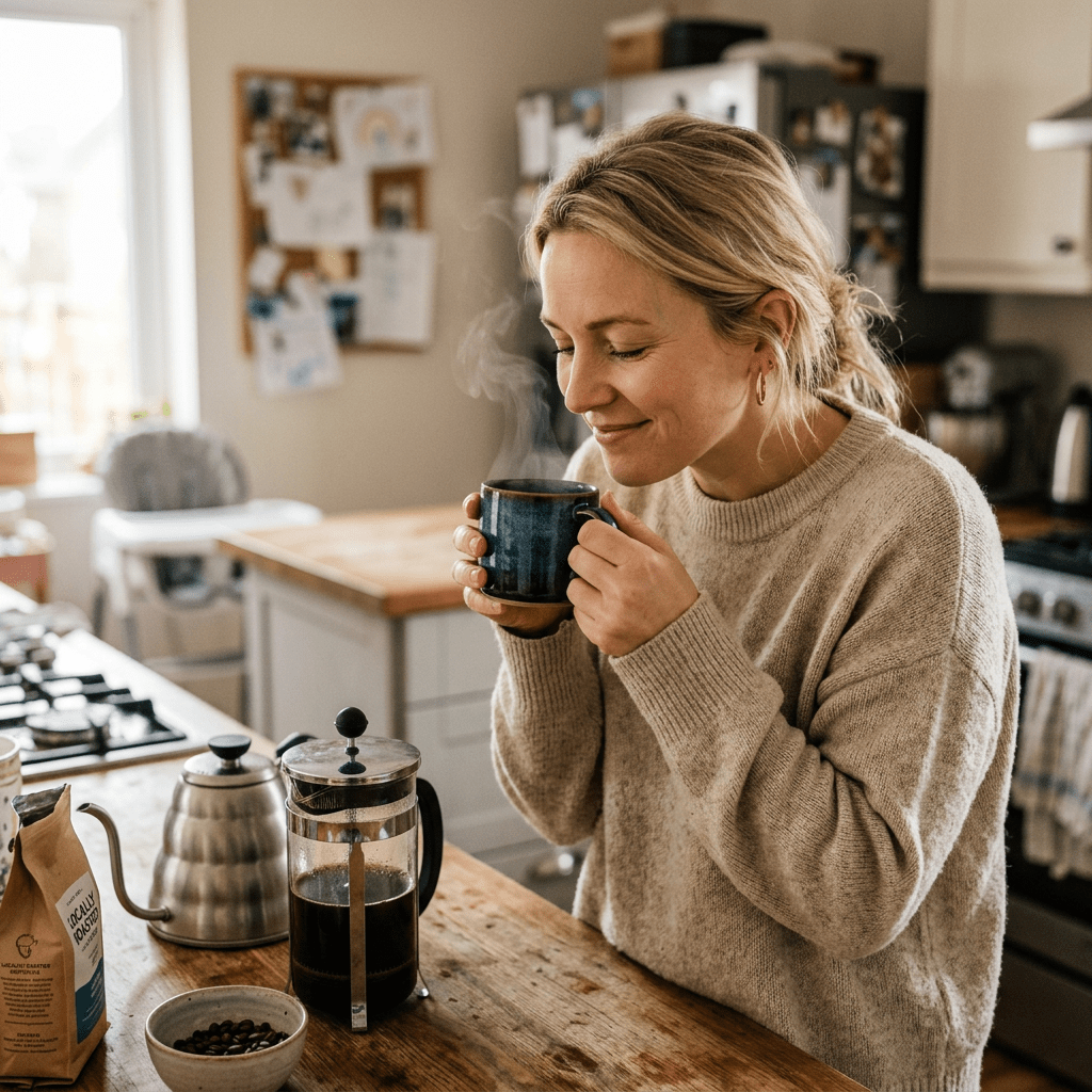 Woman smelling and holding a steaming cup of coffee in kitchen