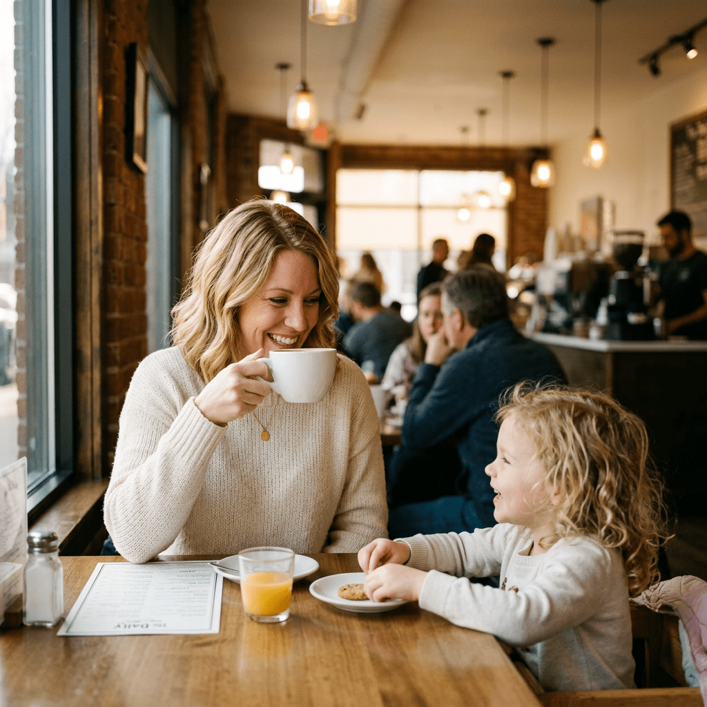 Woman drinking coffee and child eating cookie at cafe table