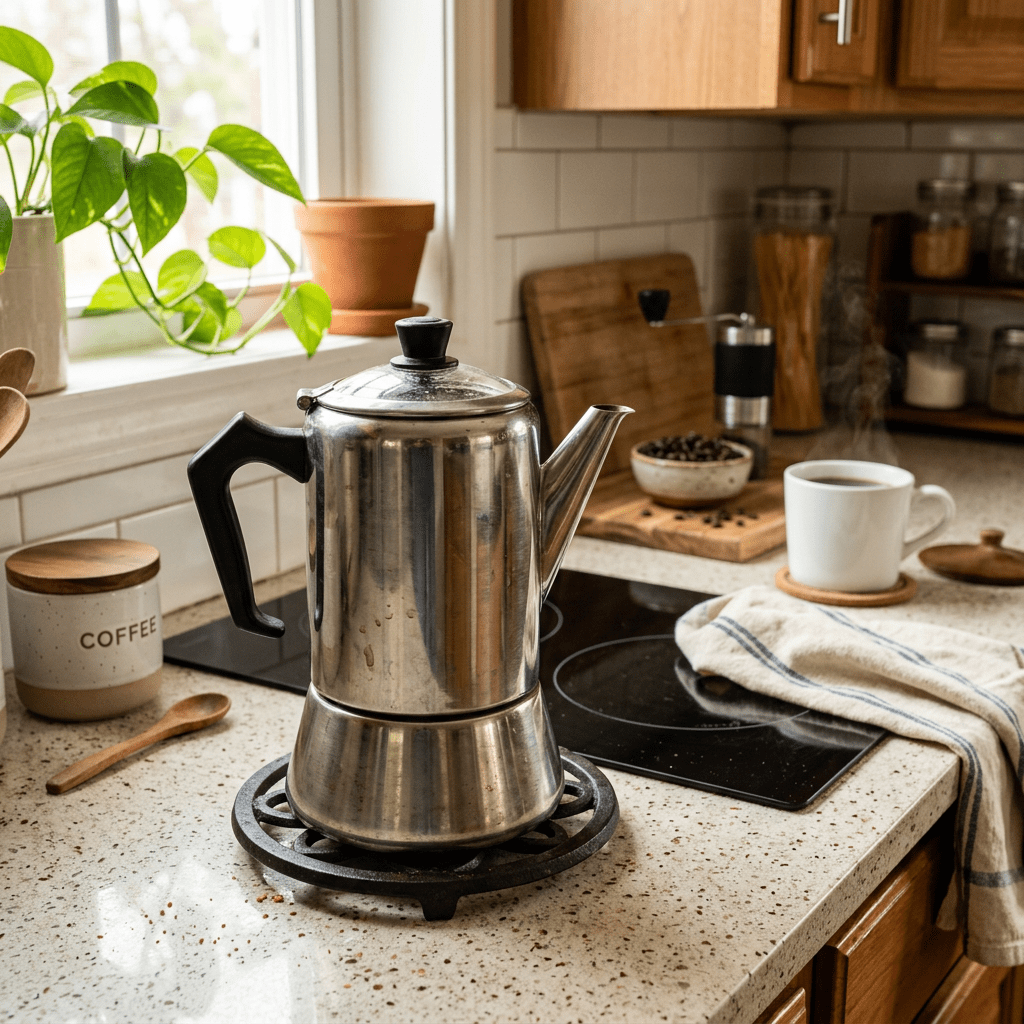 Metal stovetop coffee maker on kitchen counter near coffee cup and beans