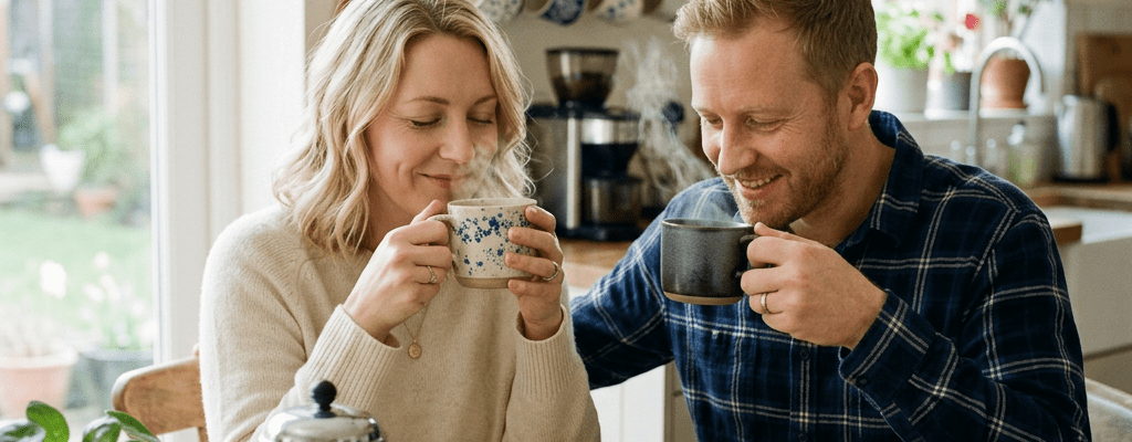 Blonde mum and husband smelling fresh coffee