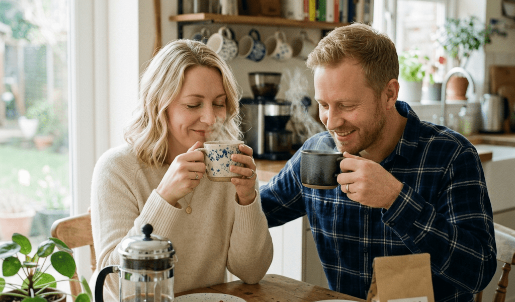 Blonde mum and husband smelling fresh coffee