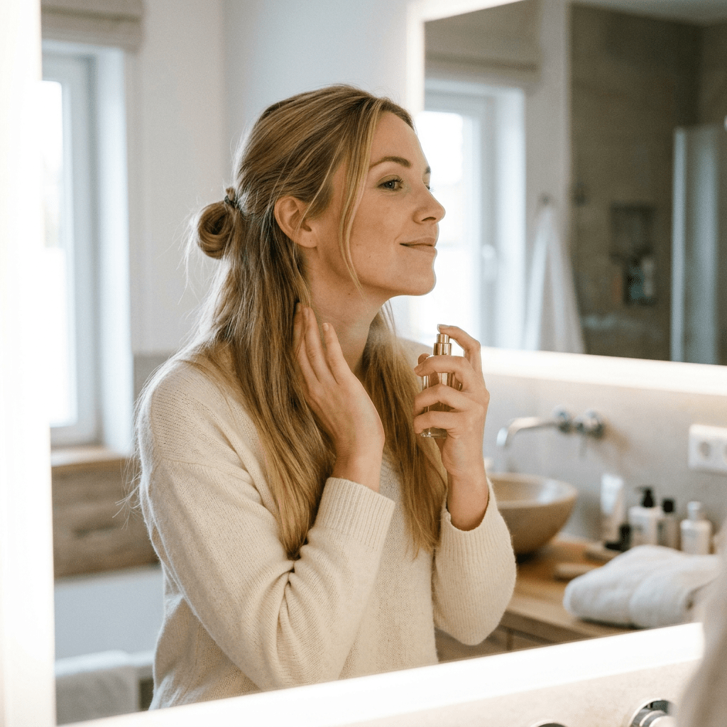Woman spraying perfume on her neck in bathroom mirror