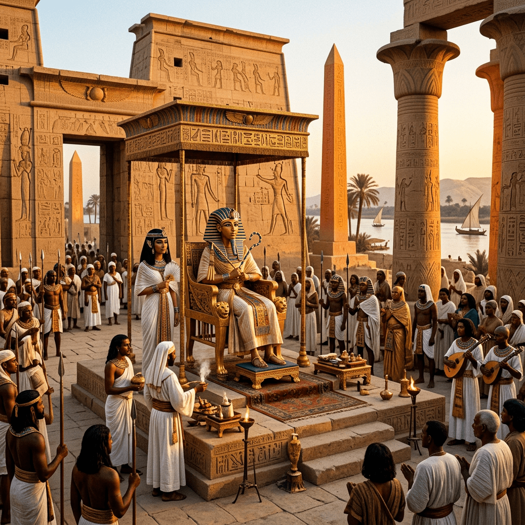 Pharaoh seated on golden throne surrounded by attendants and guards in Egyptian temple courtyard