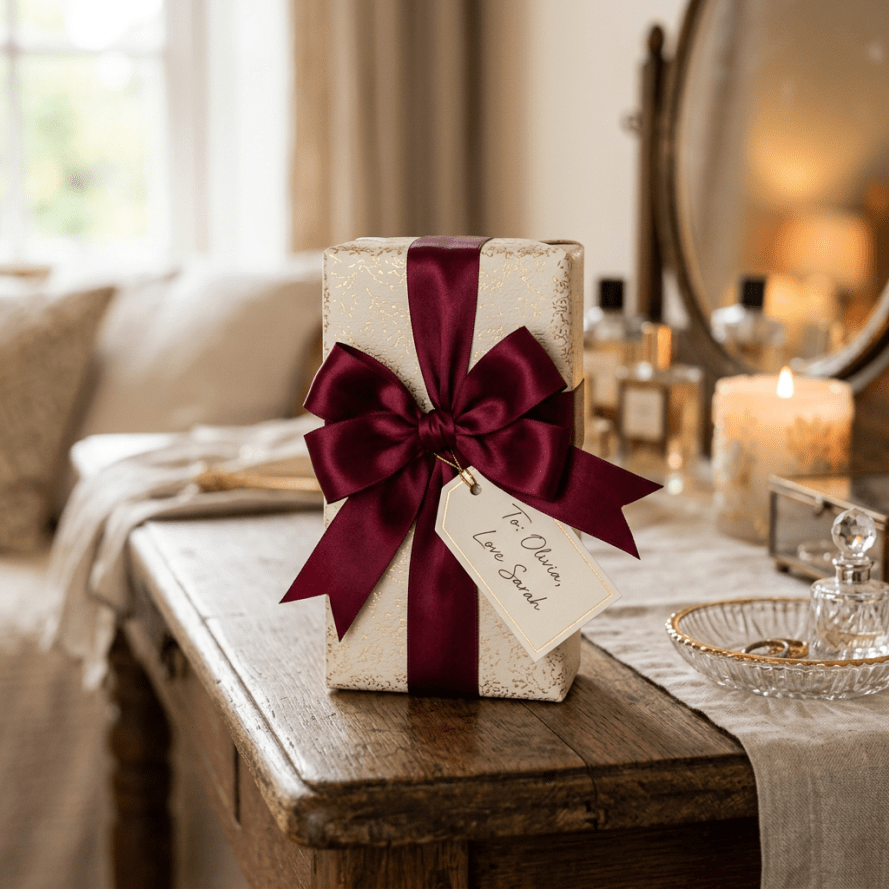 Gift wrapped in cream paper with gold accents and tied with a burgundy ribbon and bow