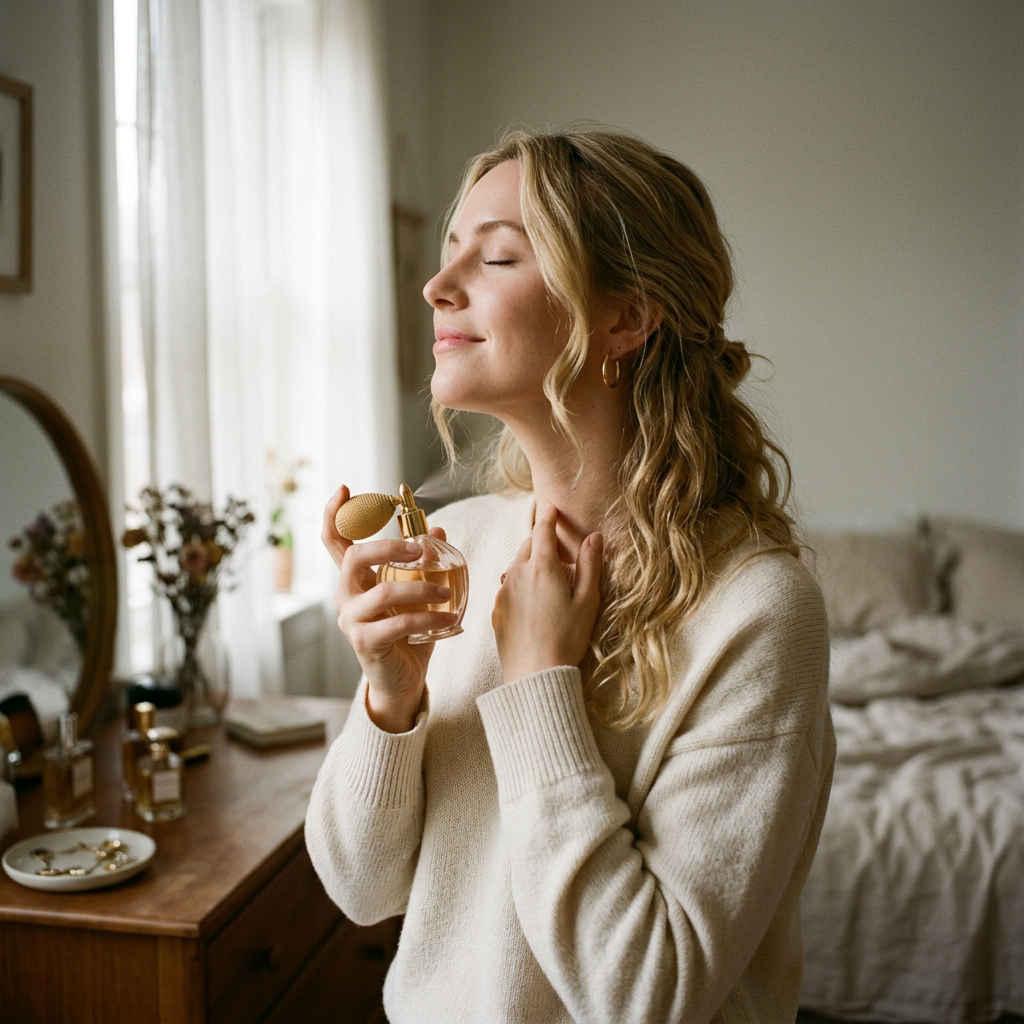 Woman spraying perfume on her neck with closed eyes in a cozy bedroom