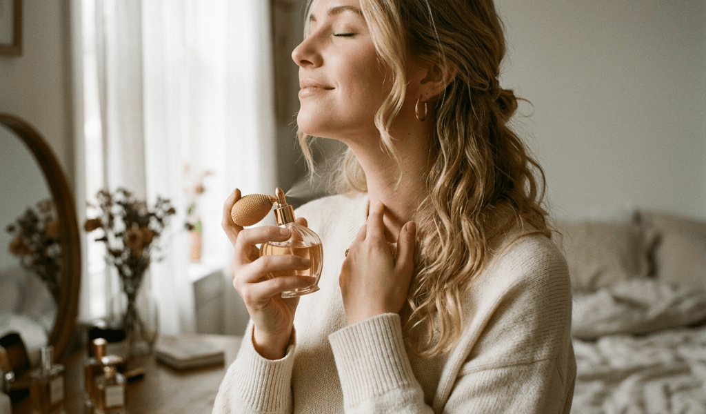 Woman spraying perfume on her neck with closed eyes in a cozy bedroom