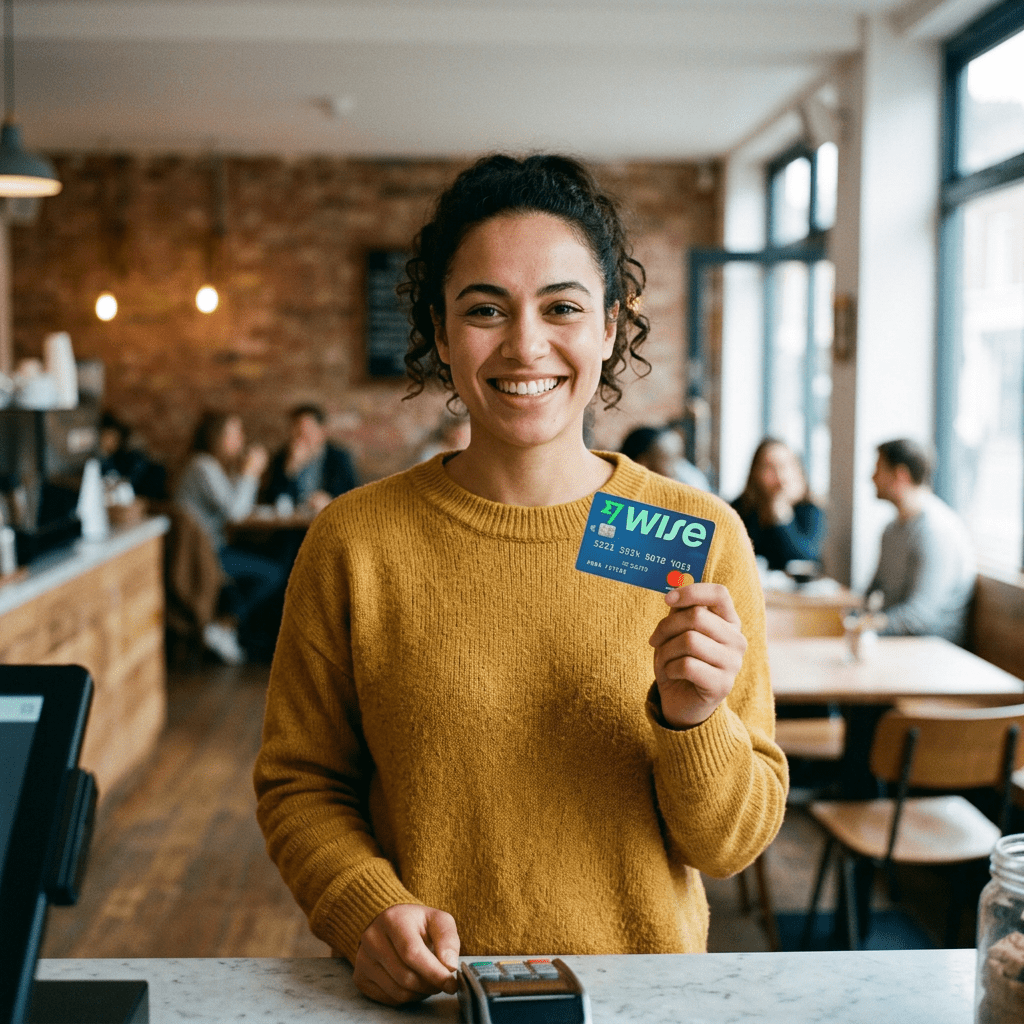 Woman smiling and holding a Wise Mastercard credit card at a cafe counter