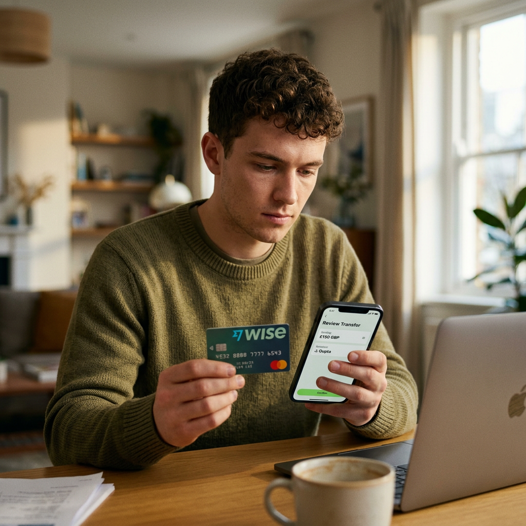 Young man holding Wise card and checking transfer details on smartphone