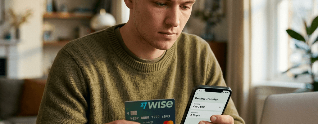 Young man holding Wise card and checking transfer details on smartphone