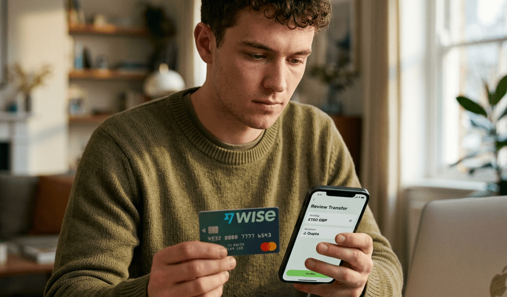 Young man holding Wise card and checking transfer details on smartphone