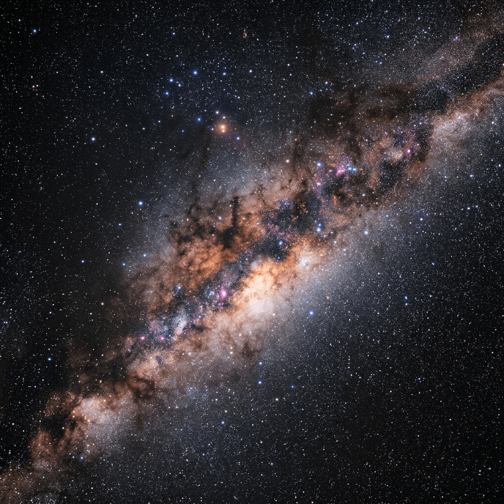 Milky Way galaxy with dense star clusters and dark dust lanes