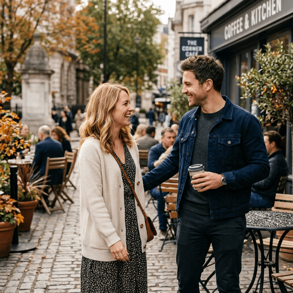Couple smiling and talking outside café holding coffee cup