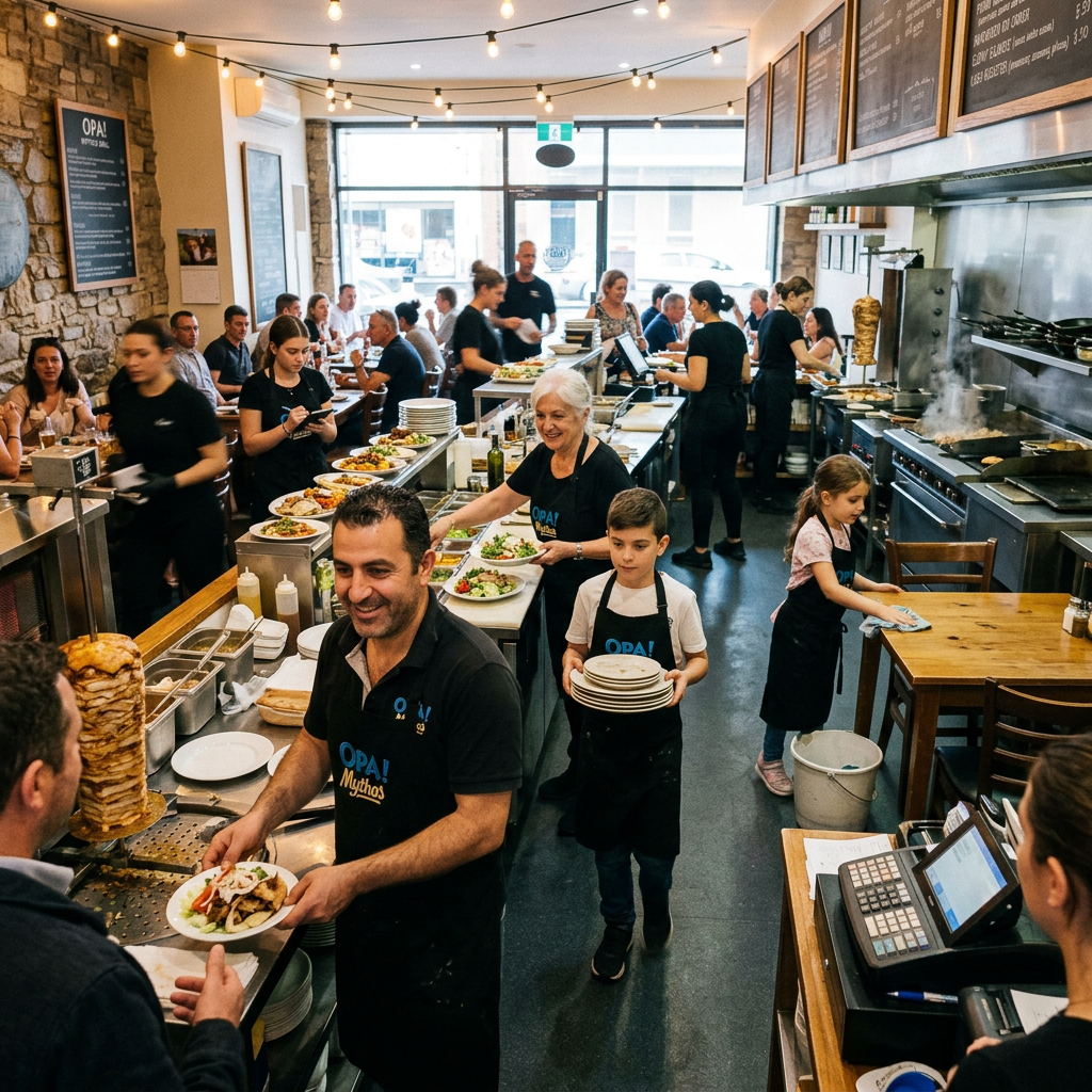 Busy Greek restaurant kitchen with staff serving food and customers dining.