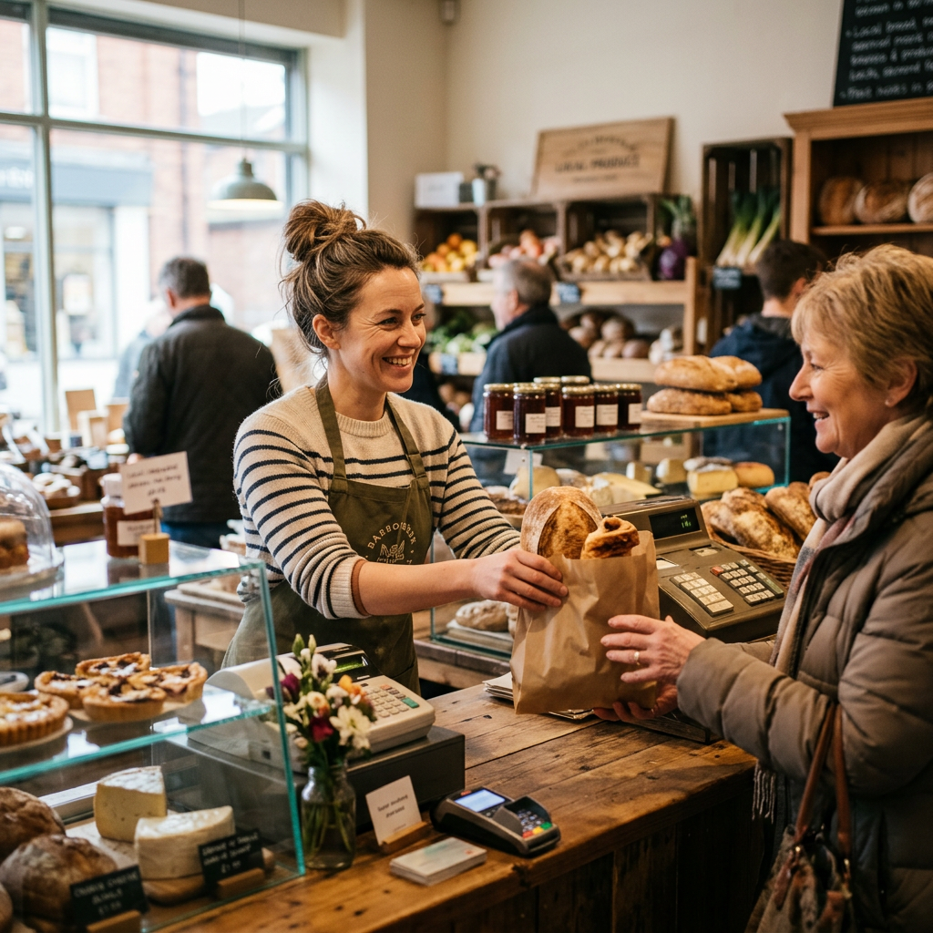 Bakery employee handing a bag of bread to a customer at the counter