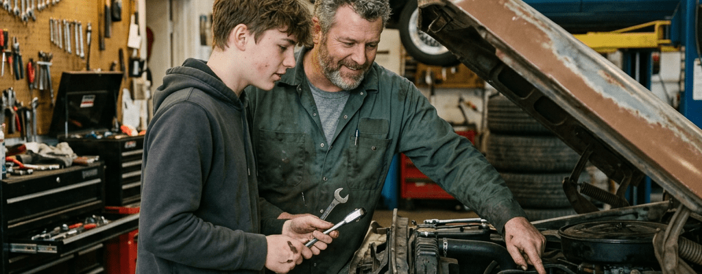 A mechanic showing a young man the engine under the hood of a brown car in a garage