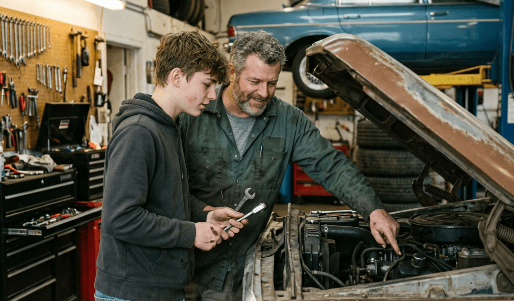 A mechanic showing a young man the engine under the hood of a brown car in a garage