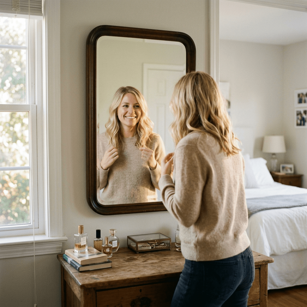 Woman smiling and adjusting sweater in front of a mirror in bedroom
