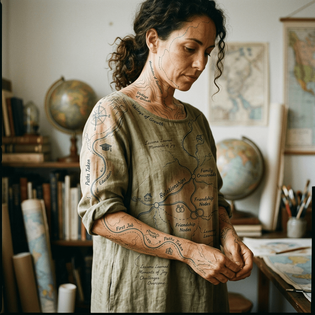 Woman with life journey map tattoo on skin showing paths and milestones