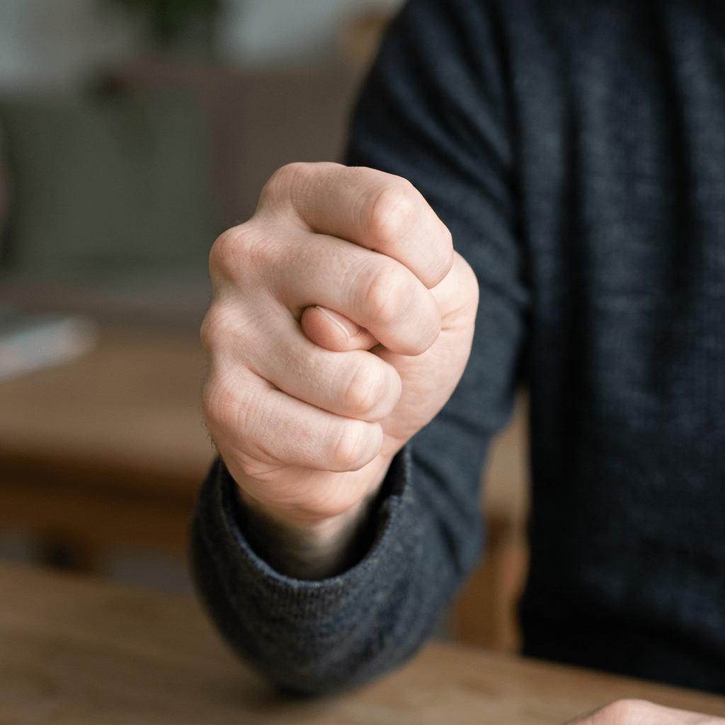 Clenched fist of a person wearing a dark long sleeve shirt resting on a wooden table