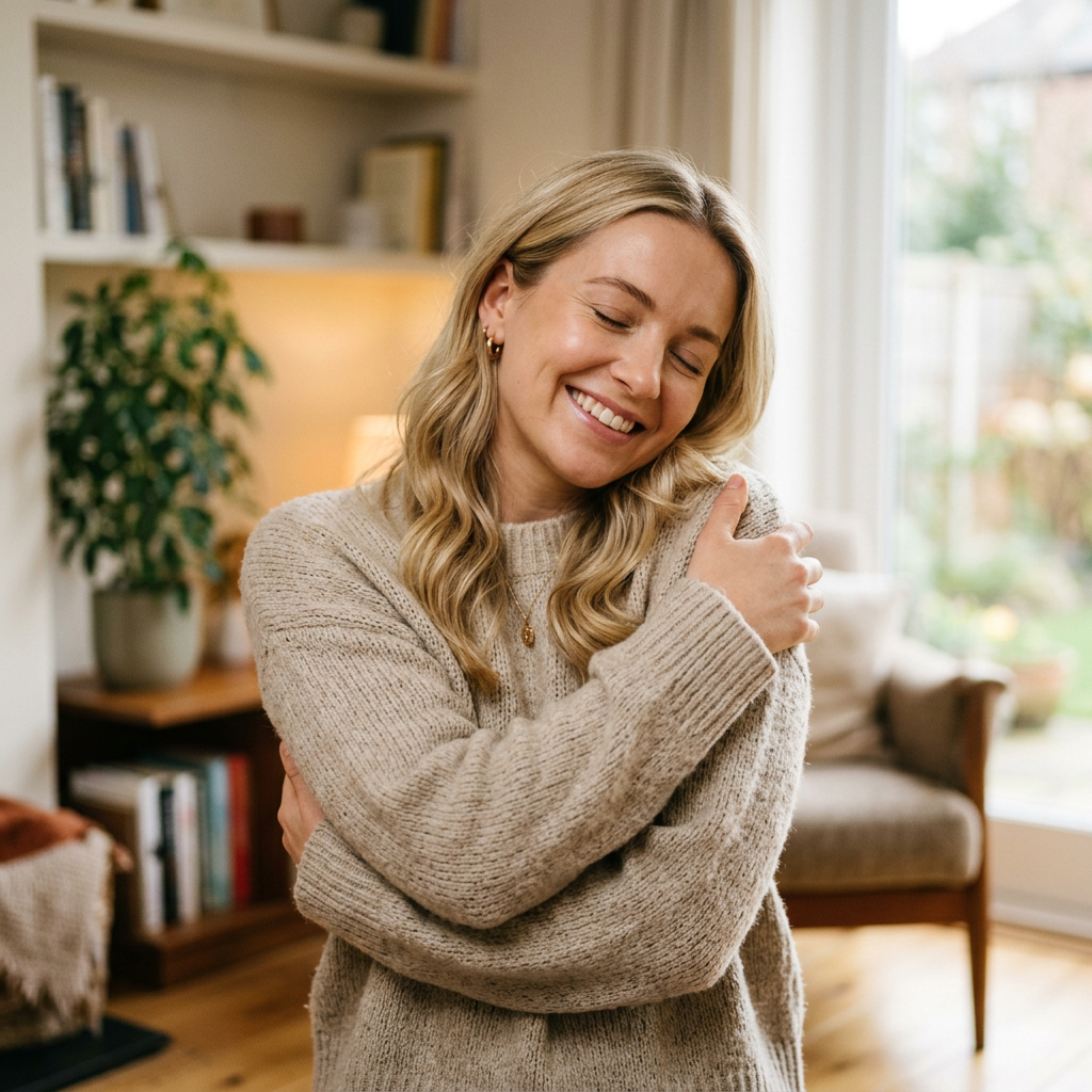Smiling woman hugging herself in a warm sweater indoors