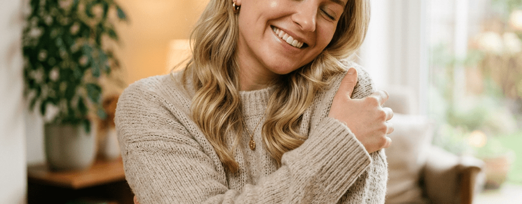 Smiling woman hugging herself in a warm sweater indoors