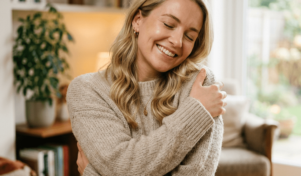 Smiling woman hugging herself in a warm sweater indoors