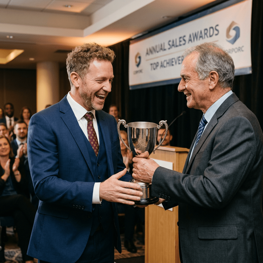 A man in a blue suit receiving a trophy from an older man in a gray suit during a sales awards event
