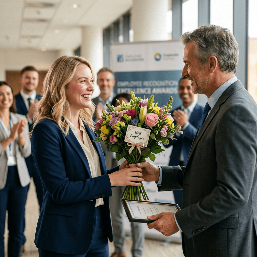 Woman receiving bouquet labeled Best Employee and certificate from a man in a suit during an office award ceremony