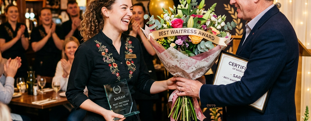 Woman named Sarah receiving Best Waitress Award bouquet and plaque from man at awards ceremony