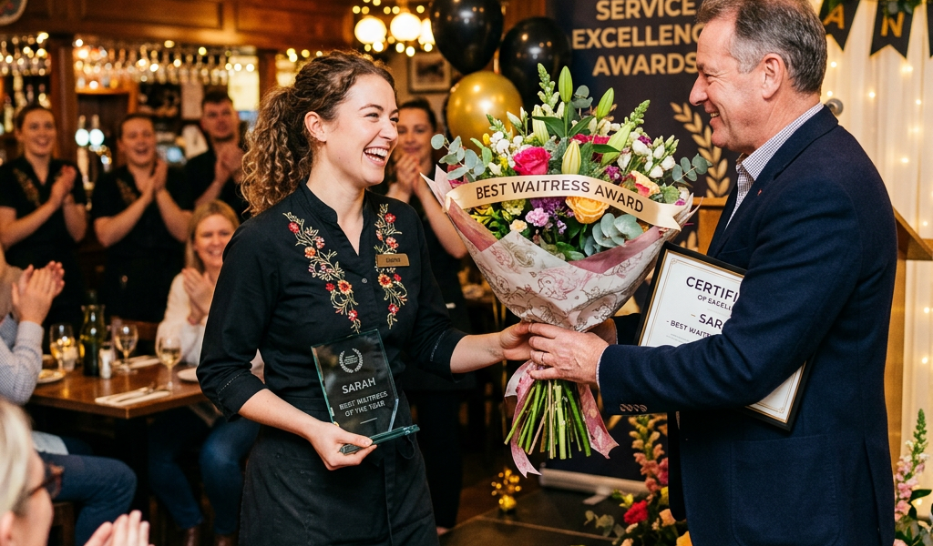 Woman named Sarah receiving Best Waitress Award bouquet and plaque from man at awards ceremony