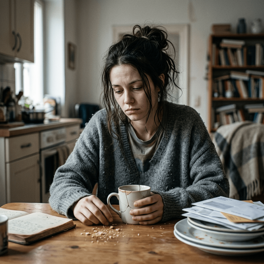 Sad woman in gray sweater holding a mug at a kitchen table with crumbs, letters and dishes