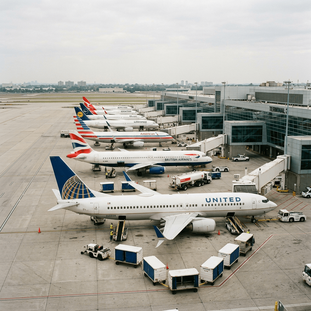 Commercial airplanes from United, British Airways, American Airlines, and others docked at airport terminal gates with ground service vehicles.