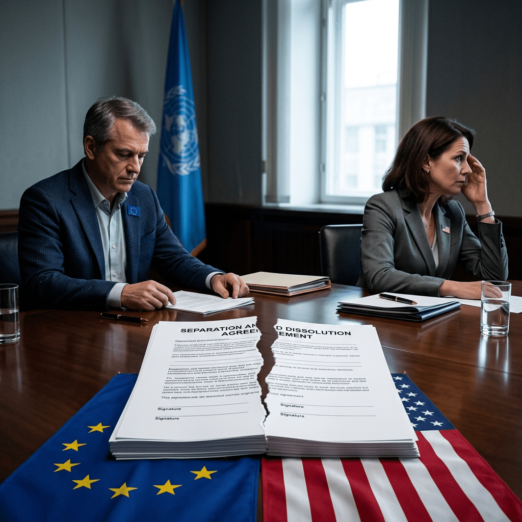Two diplomats sitting at a conference table with torn separation agreement papers over flags of the European Union and the United States