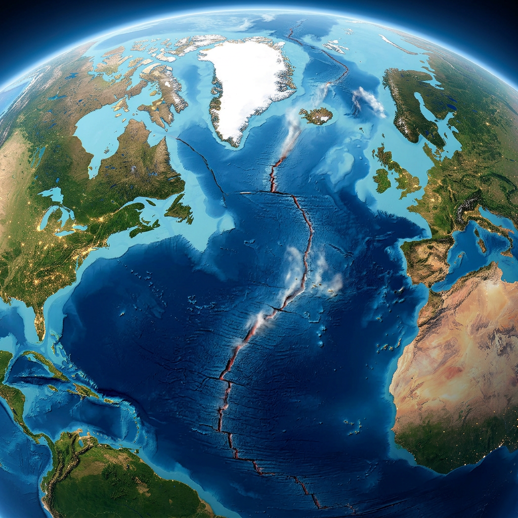 Satellite image showing the Mid-Atlantic Ridge tectonic boundary in the Atlantic Ocean