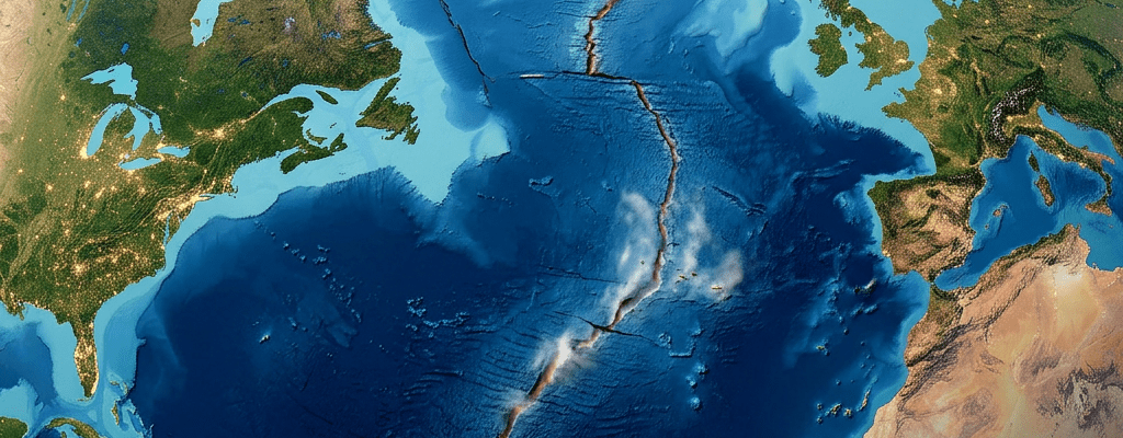 Satellite image showing the Mid-Atlantic Ridge tectonic boundary in the Atlantic Ocean