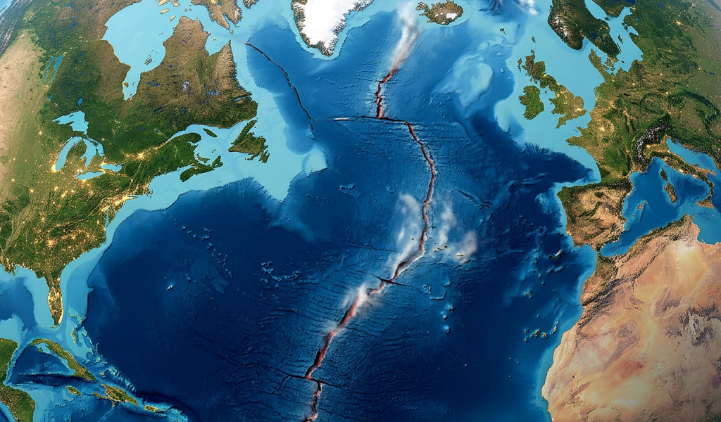 Satellite image showing the Mid-Atlantic Ridge tectonic boundary in the Atlantic Ocean
