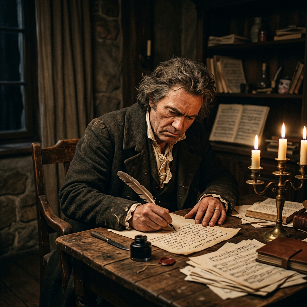 Man writing music with quill pen by candlelight at wooden table