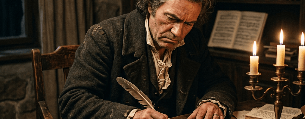 Man writing music with quill pen by candlelight at wooden table