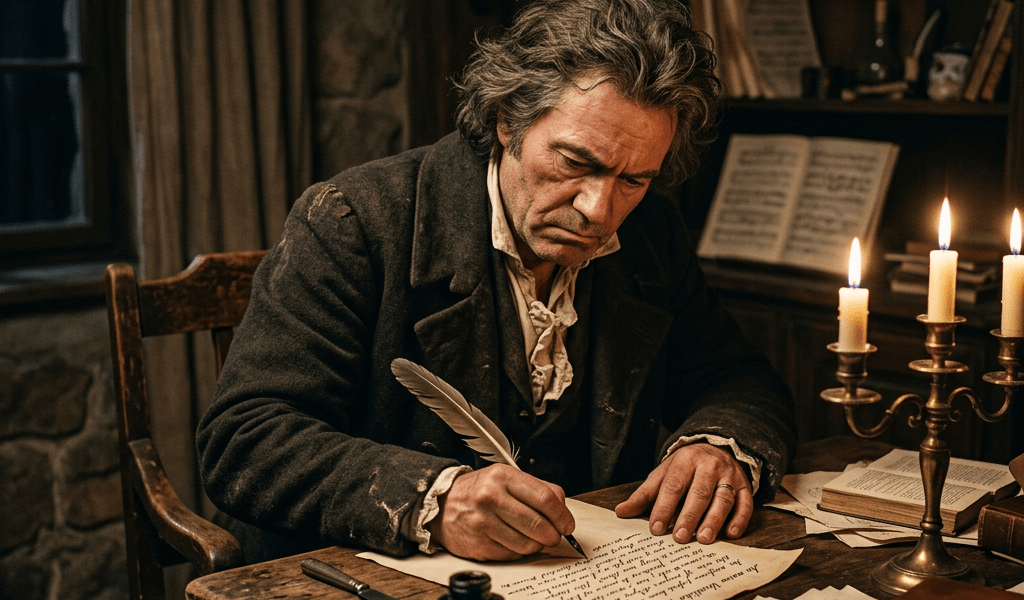 Man writing music with quill pen by candlelight at wooden table